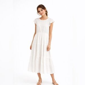 August Sky Smocked Bodice Flowy Tiered Skirt Dress SMALL White Cottage Prairie